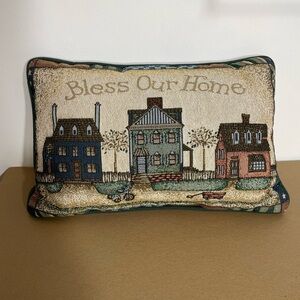 Vintage Bless Our Home Tapestry Accent Throw Pillow 17x11 Cottagecore Farmhouse